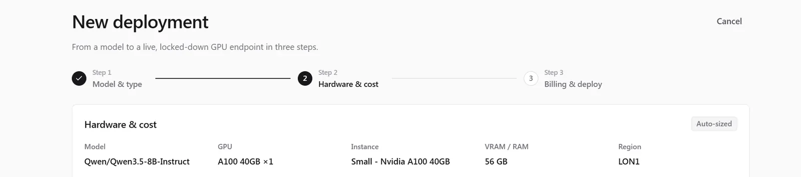 Step two, hardware and cost, showing an auto-sized A100 40GB with infrastructure at 1095 dollars a month, a 20 percent platform fee, and a 1314 dollar total.