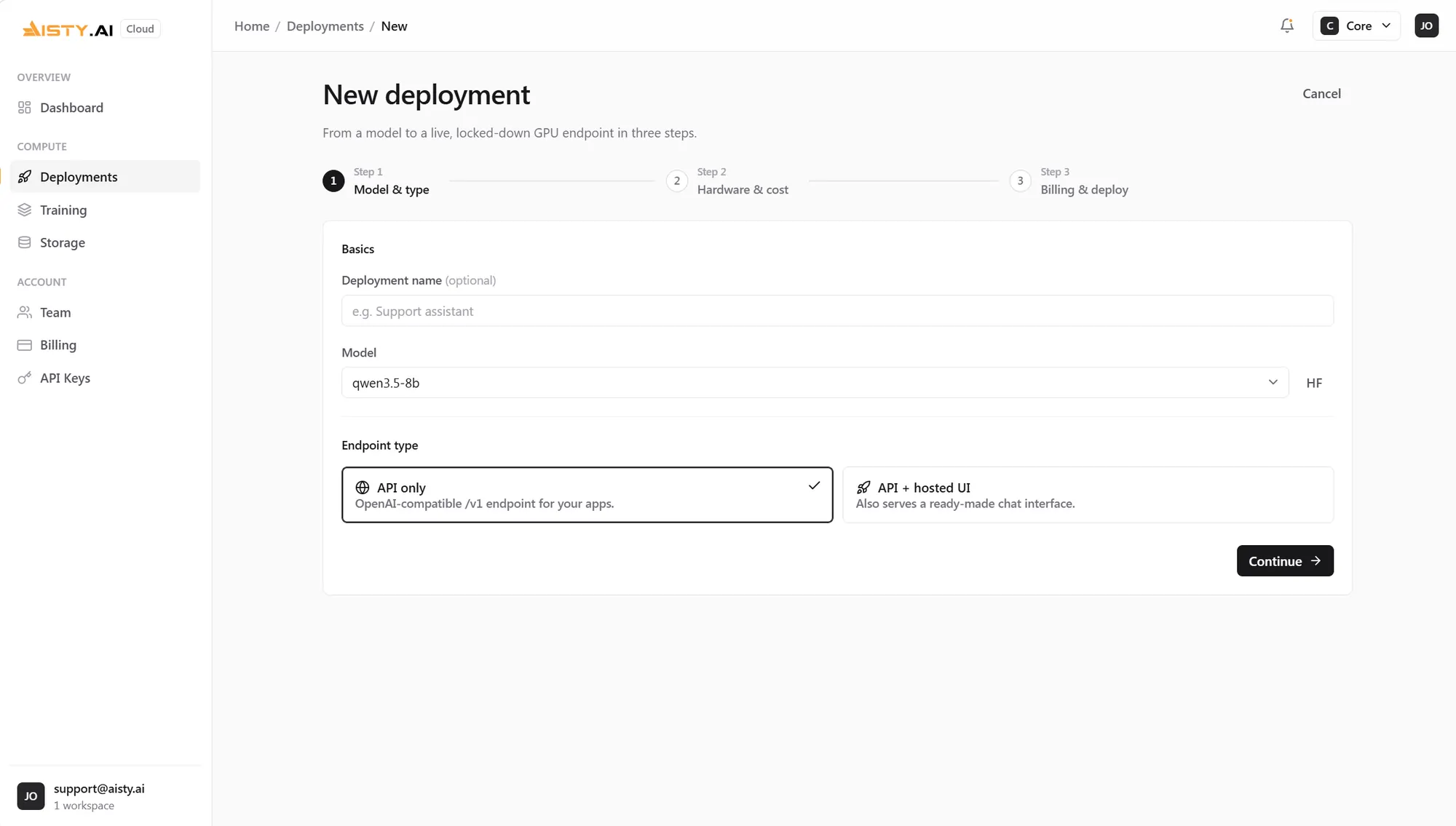 The new deployment screen, step one, with a model dropdown set to qwen3.5-8b and a choice between an API only endpoint and an API plus hosted UI.