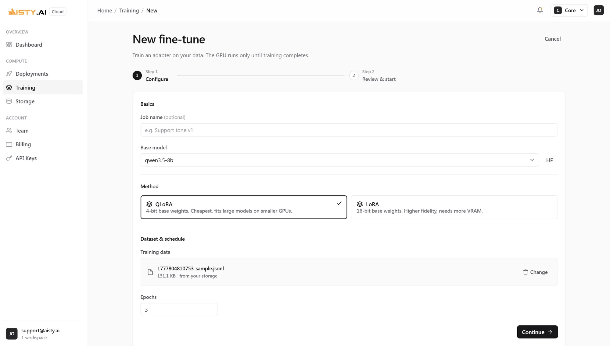 The new training screen, choosing a base model, a dataset and a fine-tuning method.